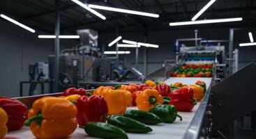 Fresh Colorful Bell Peppers on a Conveyor in Factory photo
