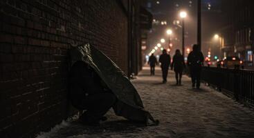 Homeless figure seeking shelter under tarp on snowy city sidewalk at night photo