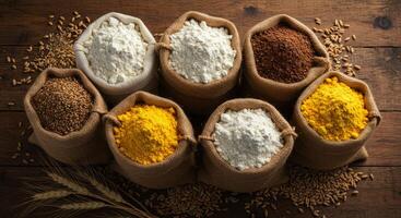 Different types of flour and grain in burlap bags on a wooden table photo