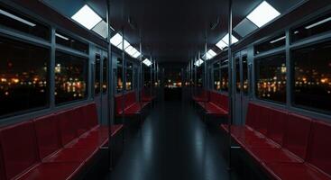 Empty futuristic subway car interior with red seats and night city view photo