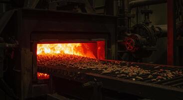 Industrial furnace burning biomass wood pellets on a grate photo