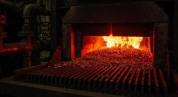 Biomass pellets burning intensely inside an industrial furnace photo