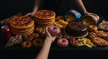 Table laden with unhealthy food and a woman reaching for a donut photo