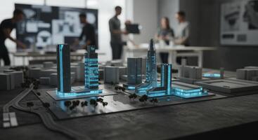 Futuristic Miniature City Model with Blue Lights and Architects Working photo