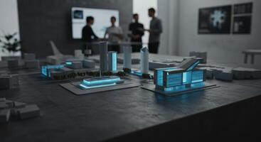 Futuristic city model on table with team discussing plans in office photo