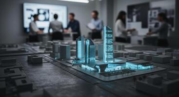 Futuristic Miniature City Model Displayed on Surface with Business Team in Background photo