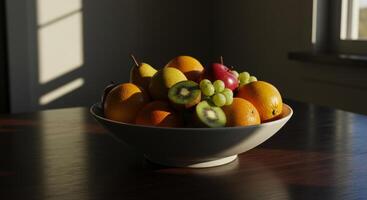Ceramic bowl filled with fresh colorful fruit on dark table in sunlight photo