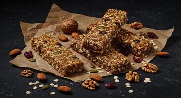 Natural energy bars with nuts seeds and dried fruit on parchment paper photo