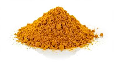 Heap of vibrant yellow turmeric powder isolated on white surface photo