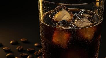 Macro shot of iced coffee in a glass with ice cubes and coffee beans photo