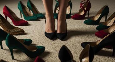 Woman Standing Among a Selection of Colorful High Heel Shoes on Carpet photo