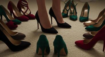 woman surrounded by a large collection of colorful high heeled shoes photo