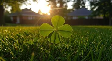 Four leaf clover in grass at sunset symbolizing luck photo
