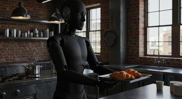 Black humanoid robot holds croissants in an industrial kitchen setting photo