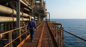 Worker in safety gear walks on offshore oil and gas platform photo