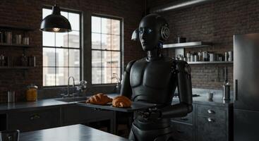 Humanoid robot holding croissants on tray in industrial kitchen photo