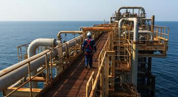 Worker in safety gear walking on offshore oil rig platform over the ocean photo