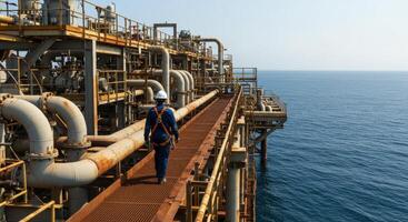 Industrial worker walking on offshore oil and gas platform over the ocean photo