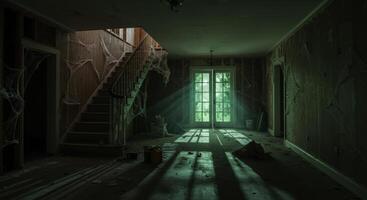 Spooky abandoned house interior with staircase cobwebs and sunlight photo