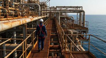 Worker in safety gear on offshore oil and gas platform over the sea photo