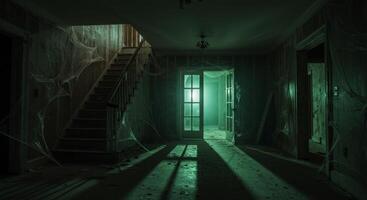 Spooky haunted abandoned house interior with cobwebs staircase and green light photo