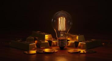 Glowing vintage lightbulb with gold bars and coins representing idea and wealth photo