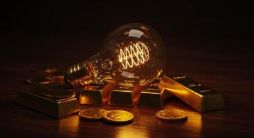 Glowing antique lightbulb on gold bars and coins representing valuable ideas and wealth photo
