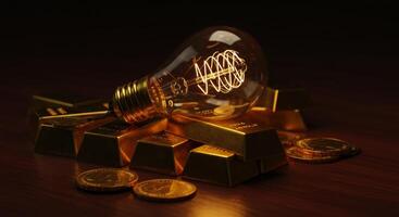 Antique lightbulb glowing on gold bars and coins representing idea and investment photo