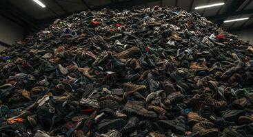 Large pile of discarded heavily used footwear representing waste and recycling photo