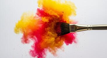 Paintbrush Swirling Through Vibrant Red And Yellow Powder Pigment Burst photo