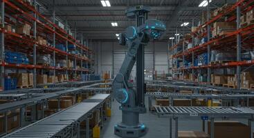 Industrial robot in automated warehouse with conveyor belts and storage shelves photo