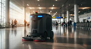 Autonomous cleaning robot working on a shiny floor in a modern airport terminal photo