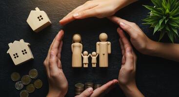 Family protection and financial security concept with wooden figurines and hands photo