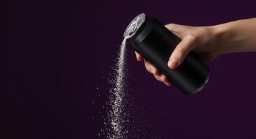 Hand pouring white powder from black can representing sugar in drink photo