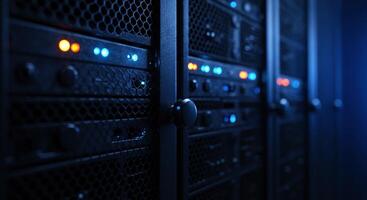 Close up view of server racks with lights in a dark data center photo