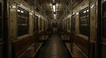 Empty vintage subway train interior with worn seats and dim light photo