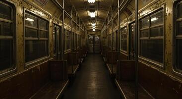 Empty vintage subway train interior with worn seats and peeling paint photo