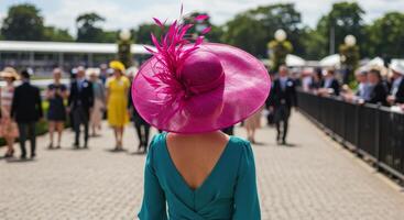 Woman in vibrant pink fascinator hat attending an outdoor formal event with crowd photo