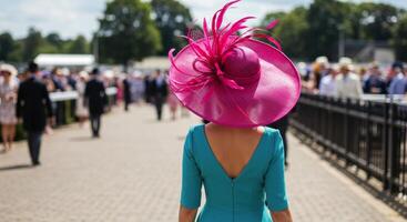 Woman in pink fascinator hat and blue dress walking in a crowd at an outdoor event photo