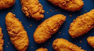 Crispy golden brown fried chicken tenders on a deep blue surface photo