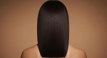 Studio shot from the back of a woman showcasing long straight dark hair photo