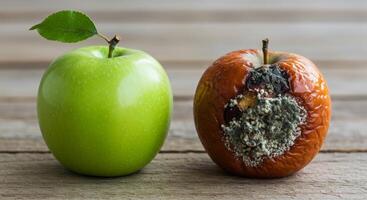 Fresh green apple contrasted with rotten apple on rustic wood photo
