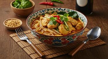 Spicy Thai Tom Kha Gai soup with chicken and noodles served on a wooden table photo