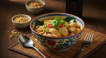 Spicy Thai Chicken Noodle Soup with Herbs and Crushed Peanuts Served on a Mat photo
