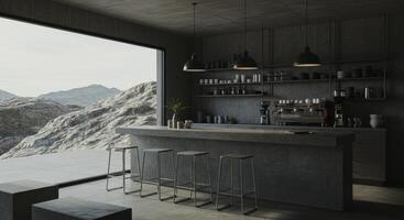 Brutalist cafe interior with concrete bar and view of rocky landscape photo