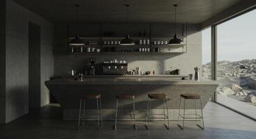 Brutalist cafe interior with concrete bar stools and window view of rocky landscape photo