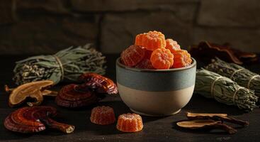 Orange functional mushroom gummies and dried herbs on a dark rustic table photo