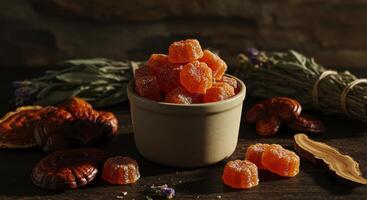 Orange Gummy Supplements with Reishi Mushroom and Herbs on Rustic Table photo