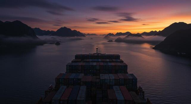 Massive container ship sailing through misty archipelago at sunset photo