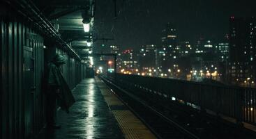 Figure in poncho on rainy train platform at night with city lights photo